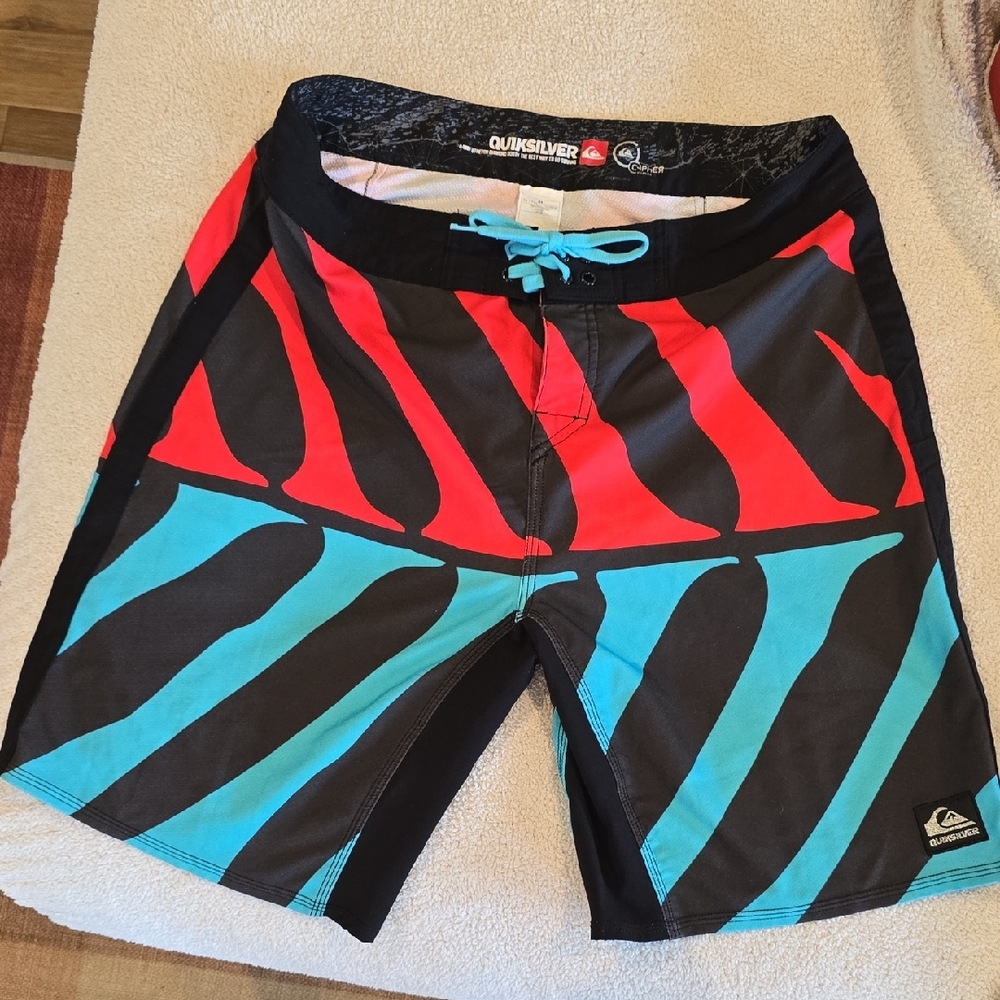 Quiksilver Black, Red, and Blue Patterned Board Shorts